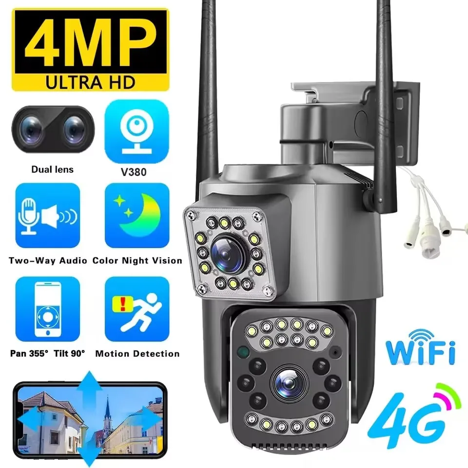 무선 방수 듀얼 렌즈 카메라, V380 와이파이 IP 카메라, 4G SIM 카드, 오디오 CCTV 감시, 야외 디지털 캠, 나이트 비전 