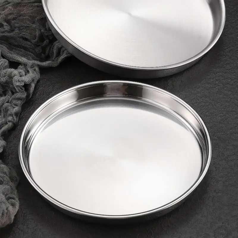 304 Stainless Steel Plate Disc Commercial Golden Flat-bottomed Tray Thickened Cold Skin Sausage Powder Plate Steaming Dish