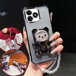 Enhanced Shockproof Phone Case with 3D Bear Stand and Crystal Chain Lanyard for Honor X6a (Black)