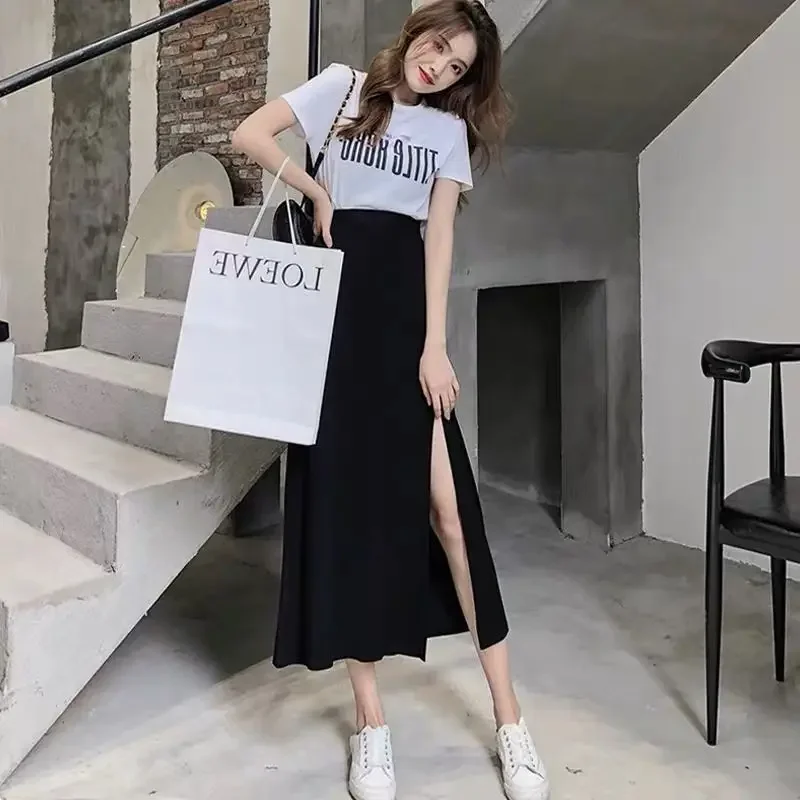 High Quality Drape Korean Style Skirt Women High Waist Midi Long Skirts For Women Streetwear Side Slit Solid Color Long Skirt
