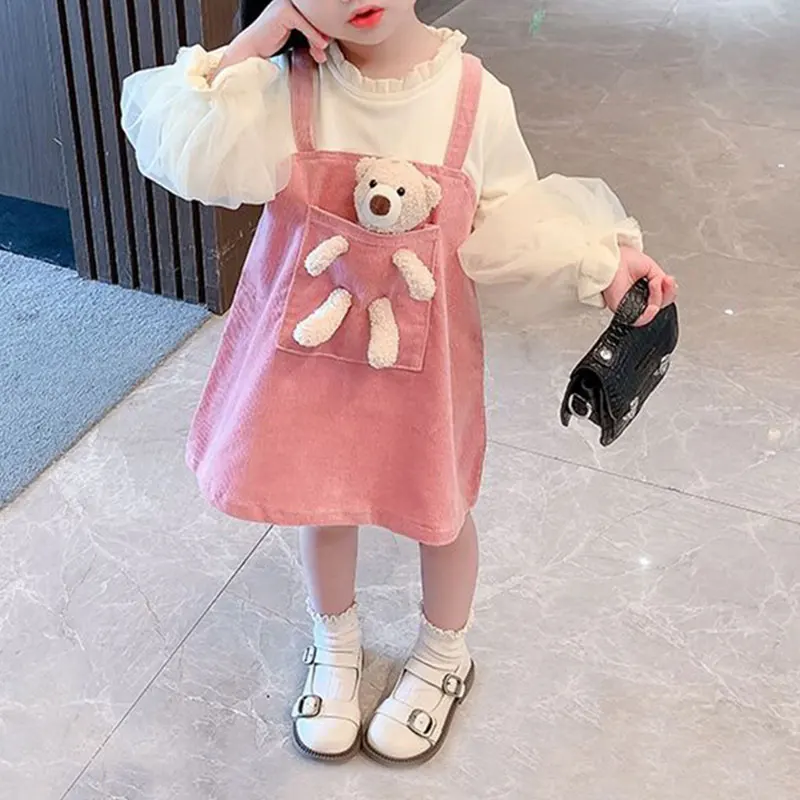 Autumn Princess Dress for Girls Full Sleeve Fake Two-Piece Suspenders Korean Children Clothes Toy Bear Rabbit Kids Girl | Детская одежда