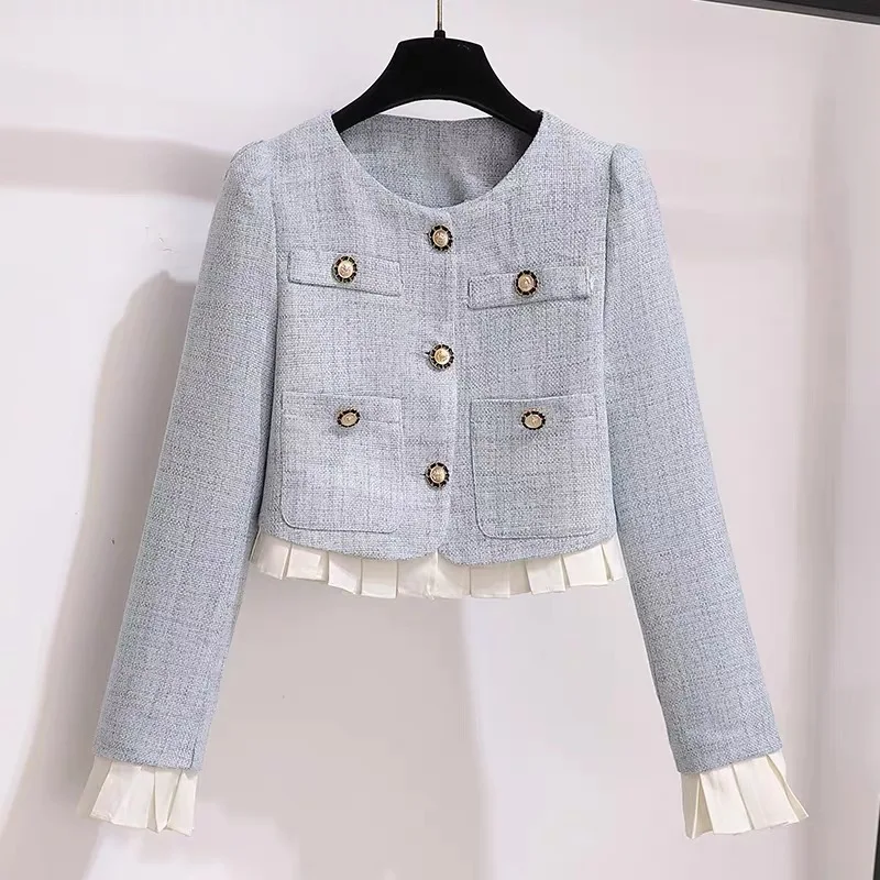 PREMIUM Square Neck Gold Burton Jacket Skirt Two Piece(3色) British Style Patchwork Tweed ladies jacket short Women&#039