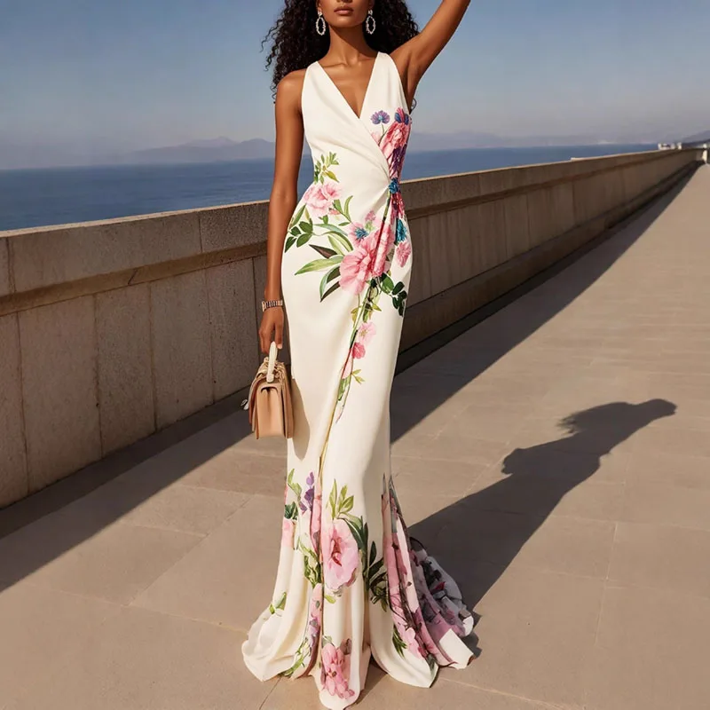 Women's Printed V-Neck A-Line Maxi Dress with Sleeveless Empire Waist Design Sb51e430e0156426aaaead6aac82c3f1ej