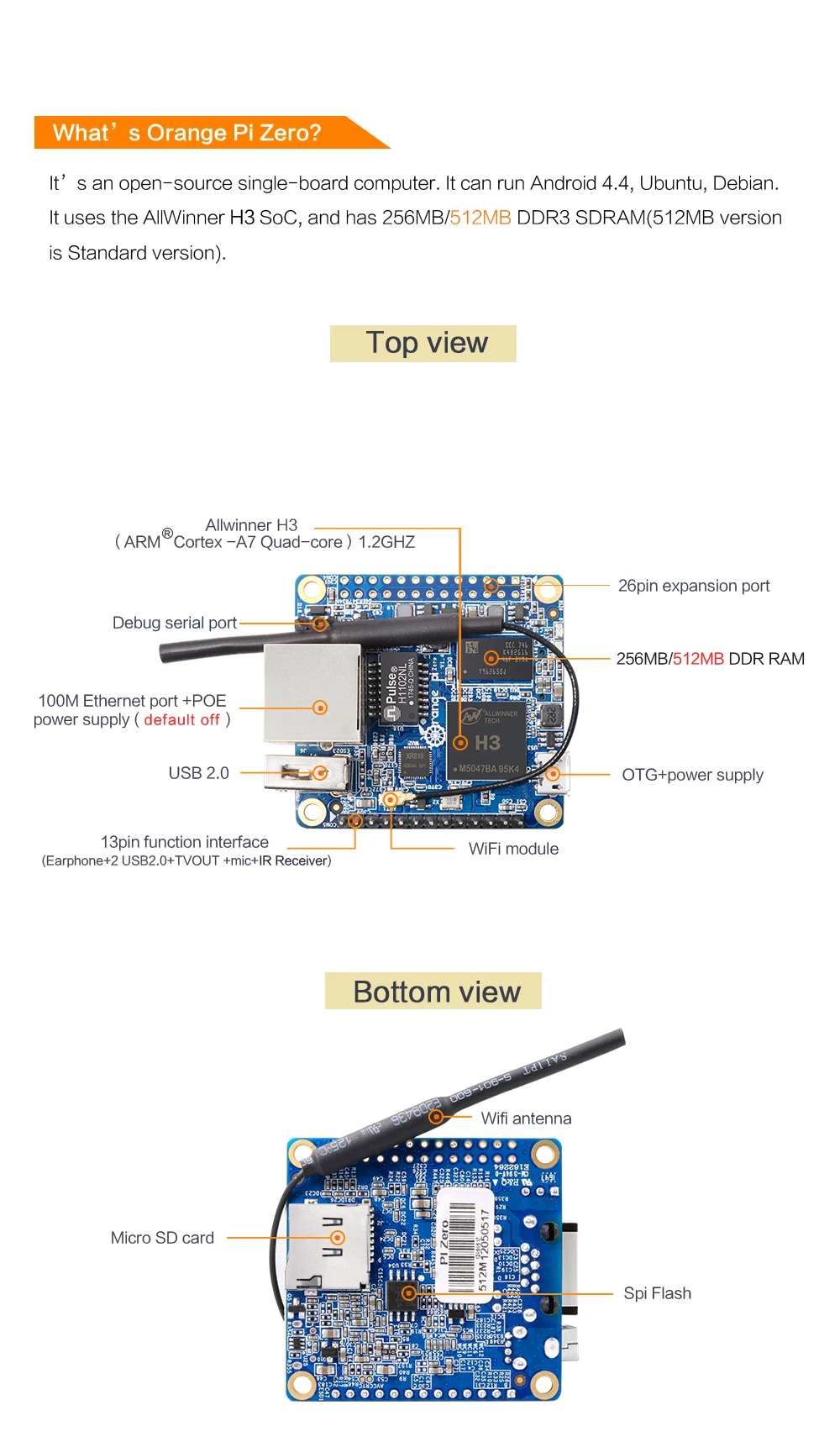 Orange Pi Zero 512MB H2 H3+ Open Source Single Board Computer, Run Android 4.4,