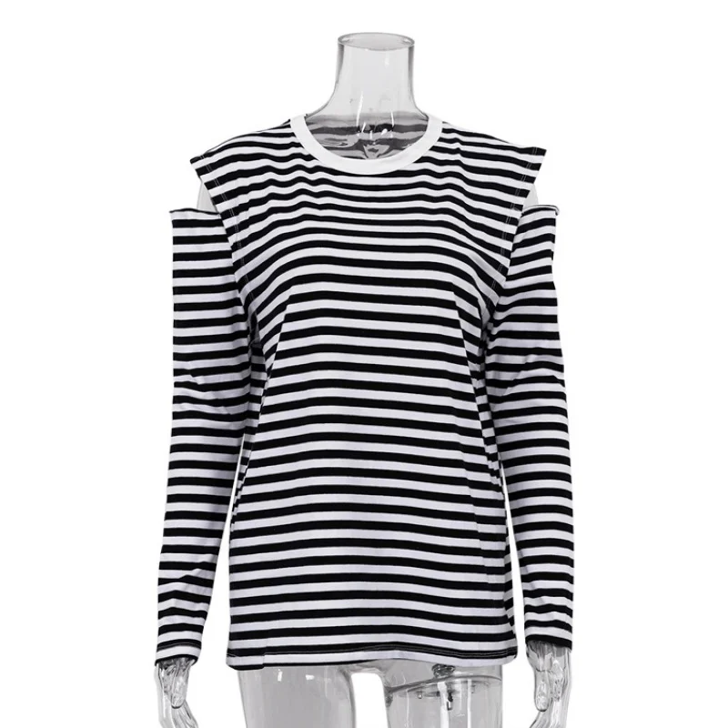 Summer Women's Striped round Neck Long Sleeve off-the-Shoulder Fashion LooseTWomen's Shirt WholesaleWlj