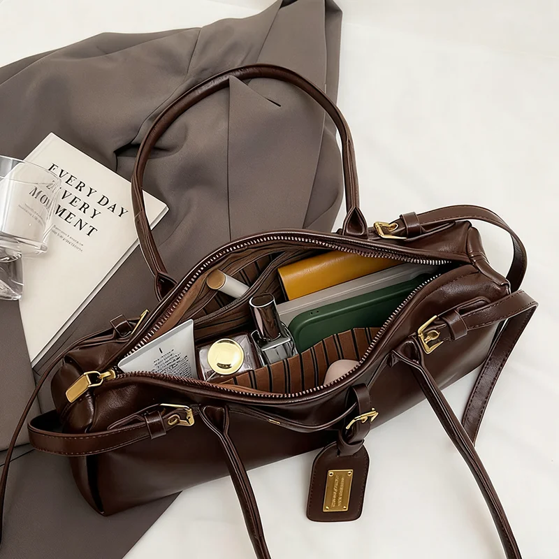 Ladies Vintage Bag Fashion Retro Large Capacity Tote Bag Motorcycle Bag Pu Shoulder Bag Handbag Brown