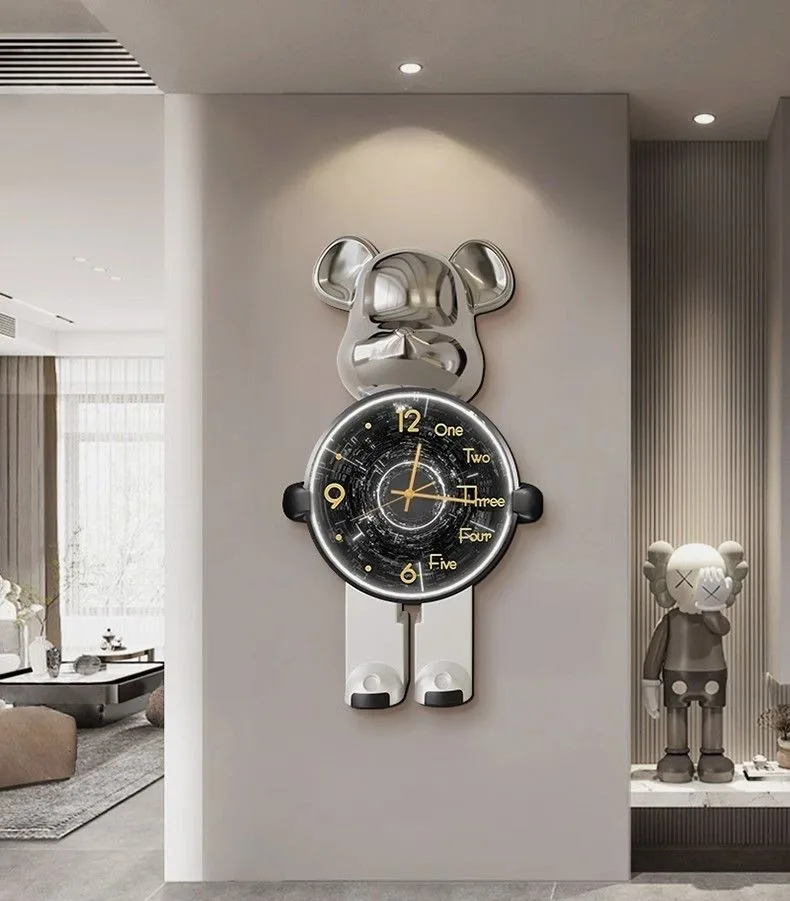 Trendy Bear Wall Clocks Living Room Led Light Wall Clocks Hanging Painting Modern Clock Luxury Entrance Clock Cartoon Brief