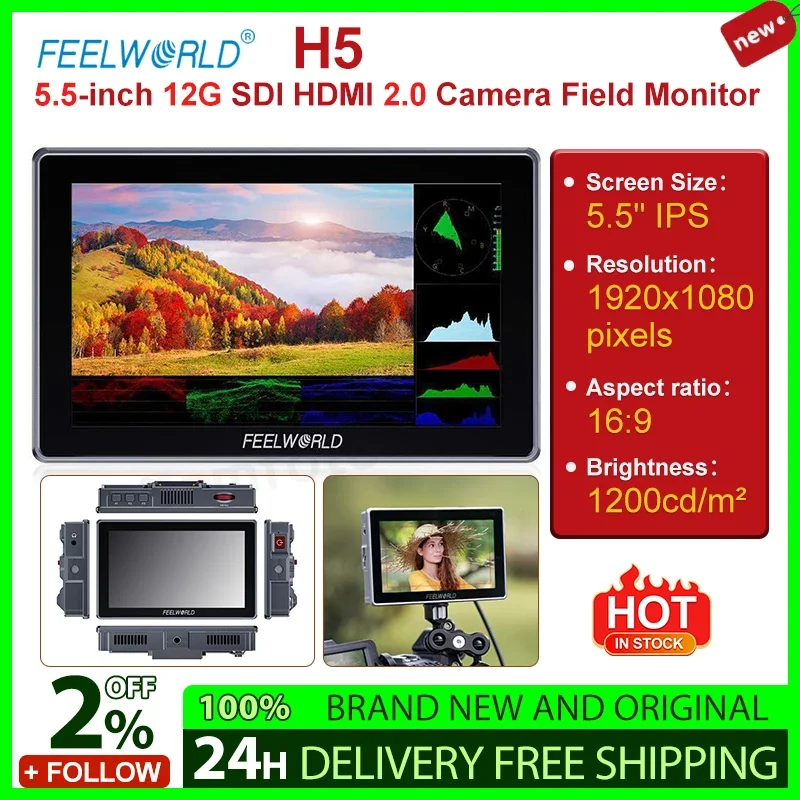 NEW FEELWORLD H5 5.5 inch 12G SDI HDMI 2.0 Camera Field Monitor High Brightness 1200nit Touchscreen