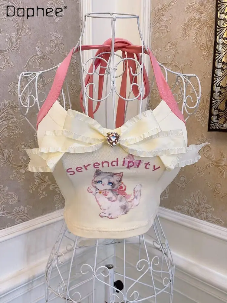 

Sweet Women Summer Cat Printing Bow Love Heart Rhinestone Tank Tee Tops Sexy Cute Girl Slimming Halter Short Sling Cropped Top