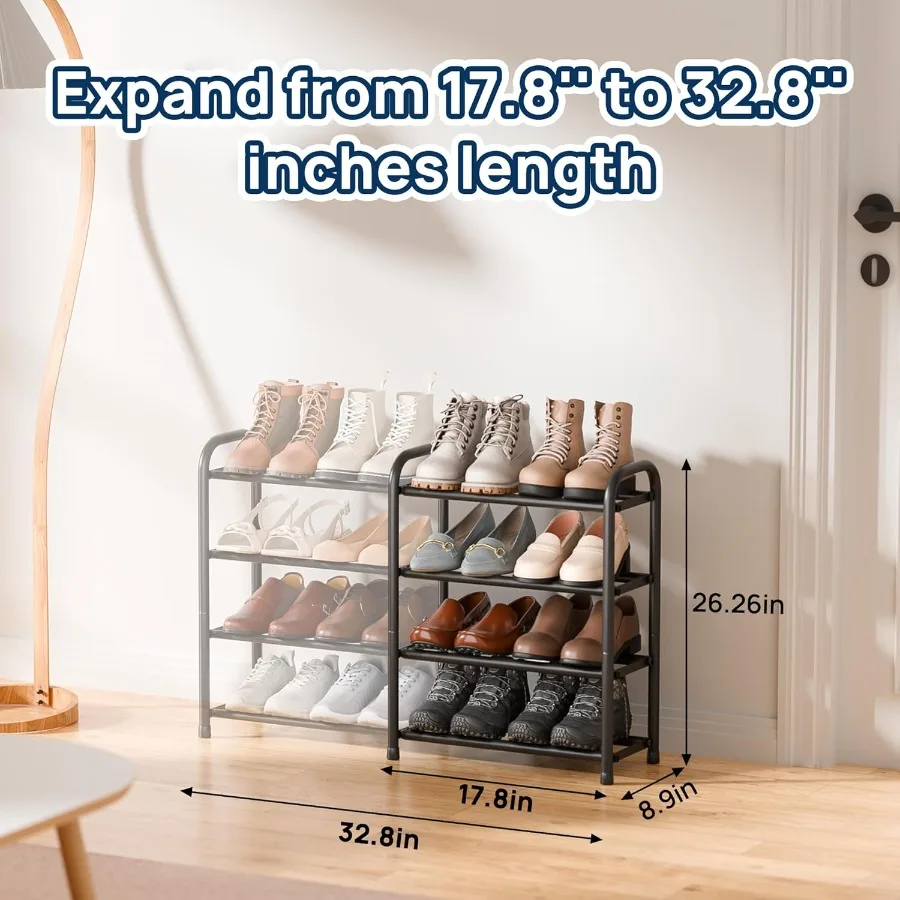 Expandable Shoe Rack 4 Tier Adjustable Shoe Organizer Shelf for Closet Black Metal Free Standing Shoe Rack Storage for Small Sp