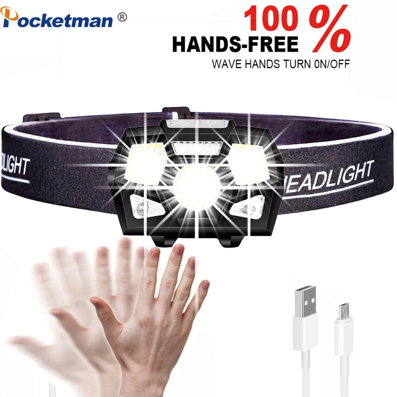 

Pocketman Powerful IR Motion Sensor LED Headlamp USB Rechargeable Headlight Waterproof Head Lamp Head Flashlight with Battery