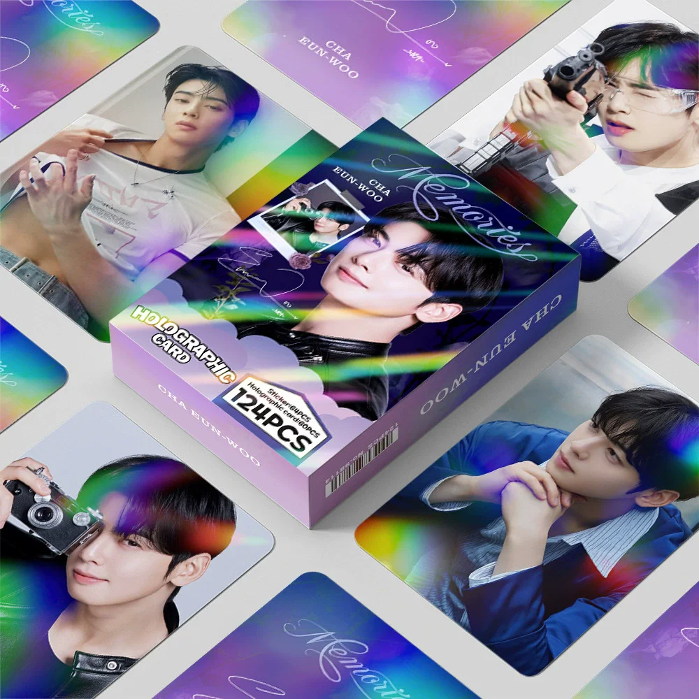 124PCS Cha Eun-woo Holographic Photo Cards - Double-Sided Korean
