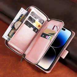Leather Flip Wallet Case with Double Layer Zipper and 9 Card Slots - iPhone 15 Plus (Rose gold)