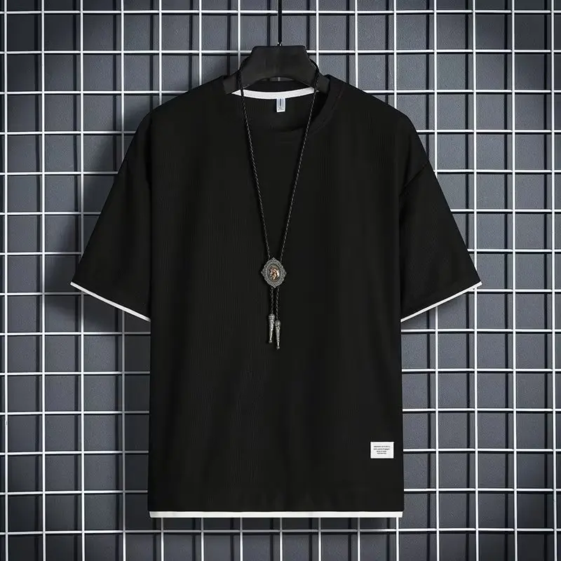 Men's Waffle Round Neck Short Sleeved T-shirt Top Summer Comfortable Loose Tshirt