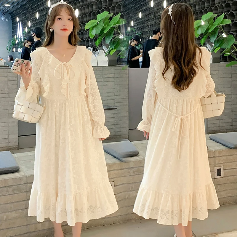 

Matermnity Spring Clothes Long Sleeve V-neck Ruffled Loose Beach Dress Fashion Sweet Pregnant Woman Chiffon Dress Holiday Dress
