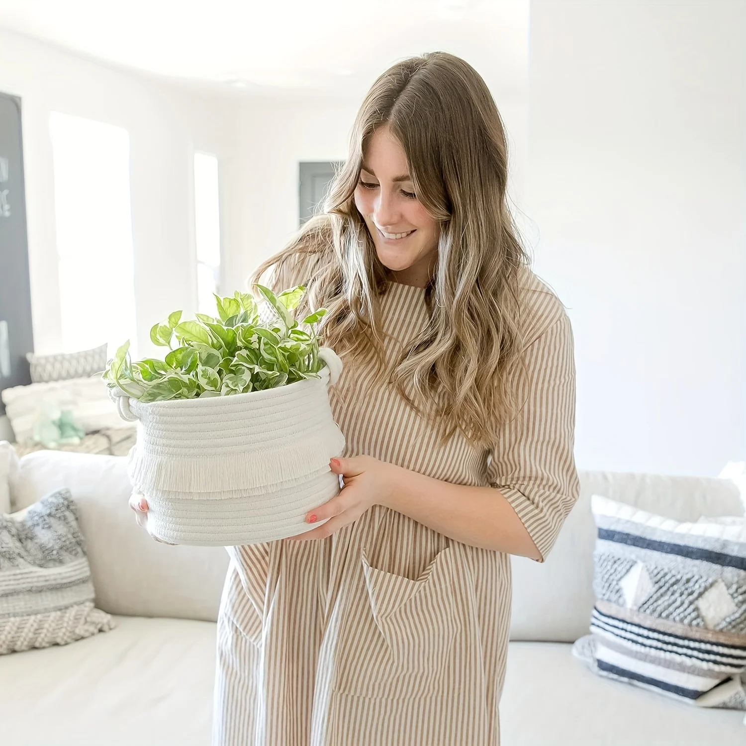 1pc Decorative Storage Basket Set,Cotton Rope Woven Baskets For Organizing Small Basket For Livingroom, Gift Basket