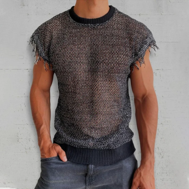 

Sleeveless Top T-shirt European and American Size Men's Sexy Tassel Mesh Transparent Fashion Trend