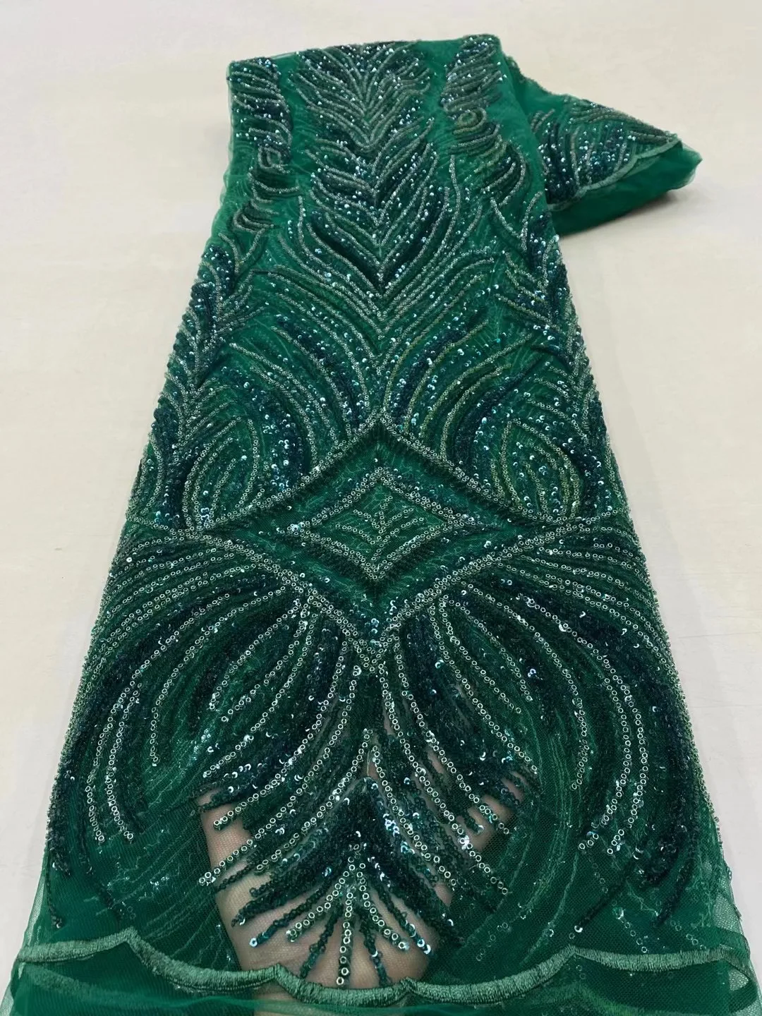 

French Green Handmade Beaded Tulle Lace Fabric 2023 High Quality African Luxury Sequins Fabric Nigeria For Women Prom Dress Sew