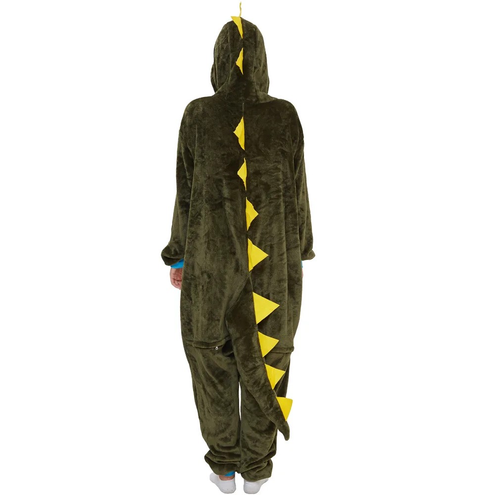 Green Dragon Cartoon Flannel Women Pajamas Set Dinosaur Adult Kigurumi Onesie Cosplay Animal Onepiece Unisex Men Funny Sleepwear