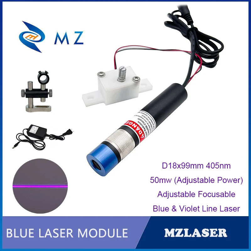 

Laser Module 405nm 50mw Adjustable Power Adjustable Focusable D18mm Blue&Violet Line 110° With Bracket + Adapter Supply