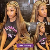Perruque Lace Frontal Wig brésilienne naturelle, cheveux lisses, couleur marron miel, 13x4, pre-plucked, 13x6, à reflets 2
