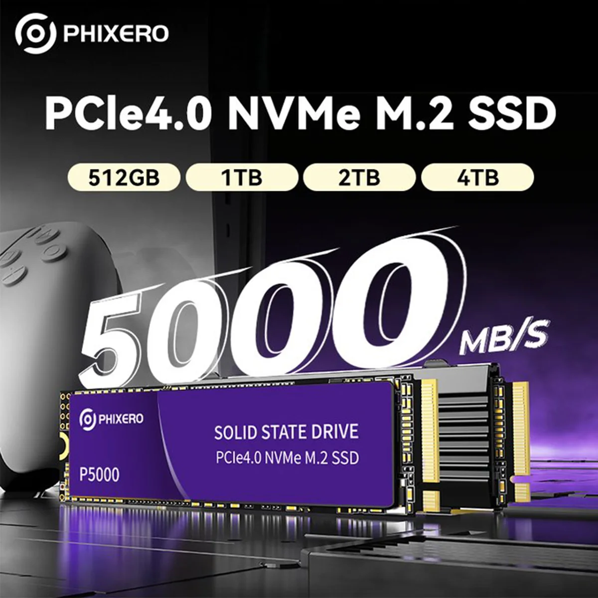 PHIXERO M.2 SSD 512GB 1TB 2TB 5000MB/s M.2 NVMe PCIe 4.0X4 3D NAND NVMe M.2 2280 SSD محرك الحالة الصلبة الداخلي لأجهزة الكمبيوتر المحمول PS5