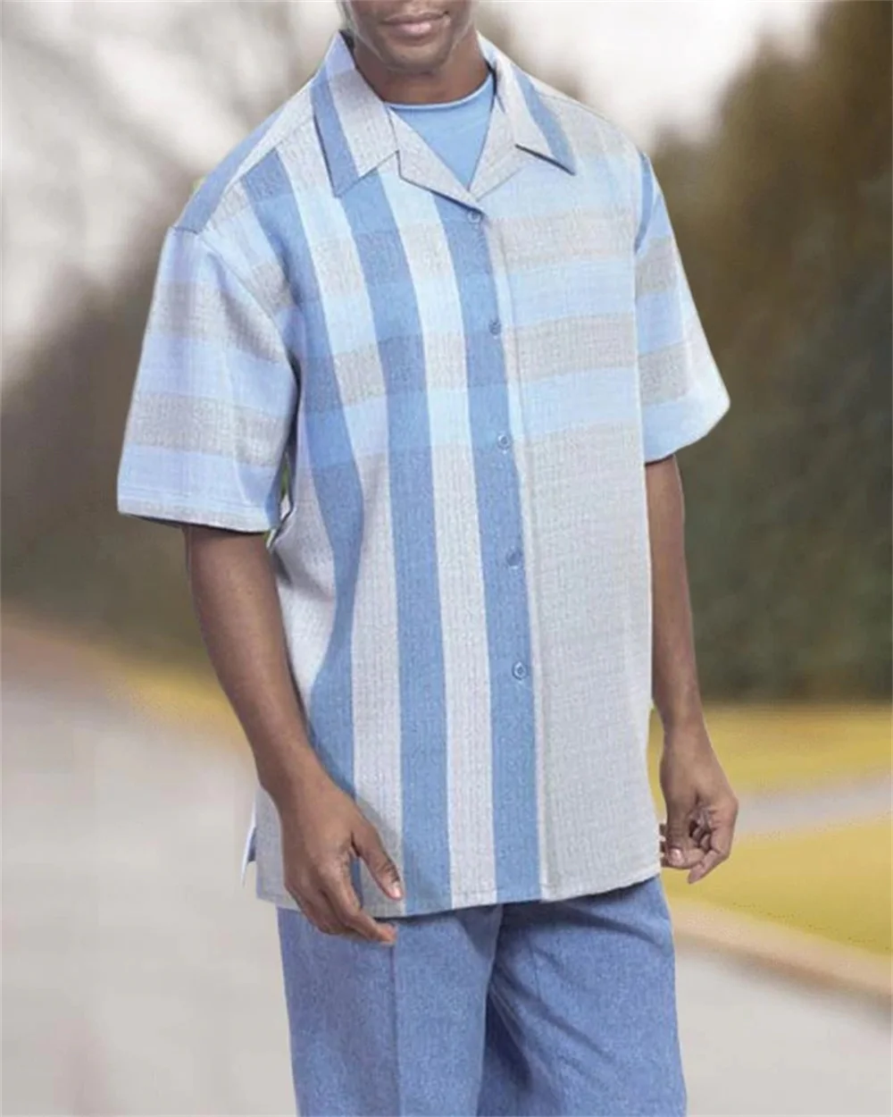 Summer New Hawaii 3D Digital Print Two Color Stripe Walking Suit Men's Short sleeved+Suit Long Pants Casual Suit Shirt and Pants