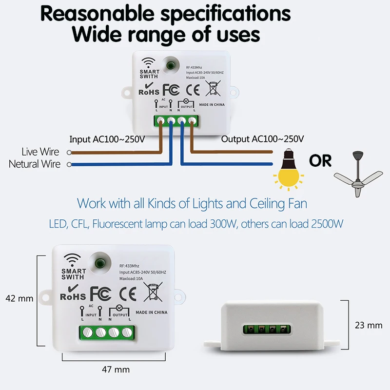 433mhz sem fio inteligente interruptor de parede de luz com controle remoto painel de toque na parede mini receptor de relé 220v 10a para casa ventilador da lâmpada led