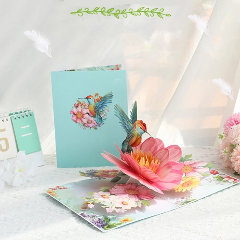 Greeting cards Unique 3D Popup Present Card with Hummingbird and Flowers Handmade