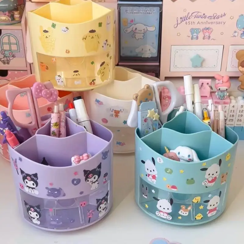 

Kawaii Pachacco Kuromi Cinnamoroll Desktop Rotatable Pen Holder with Drawer Anime Sanrios Melody Cute Large Capacity Storage Box