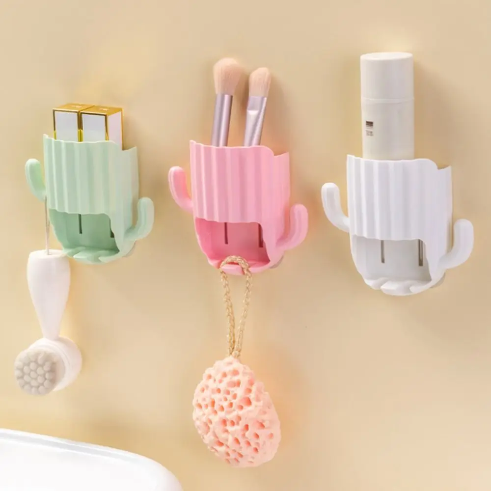 1PCS Household Toothbrush Holder Self-adhesive Wall-mounted Cactus Storage Rack Kitchen Bathroom Toothbrush Organizer With Hook 4