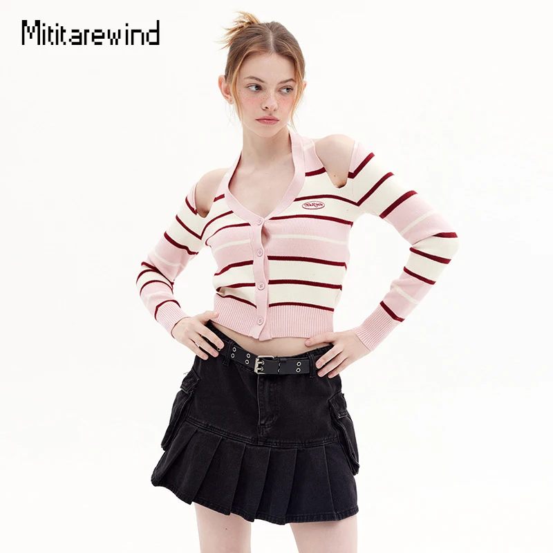 

Hotsweet Halter Cardigan Women Embroidery Striped Long Sleeve Single Breasted Knitted Sweater Women Strapless Short Crop Top