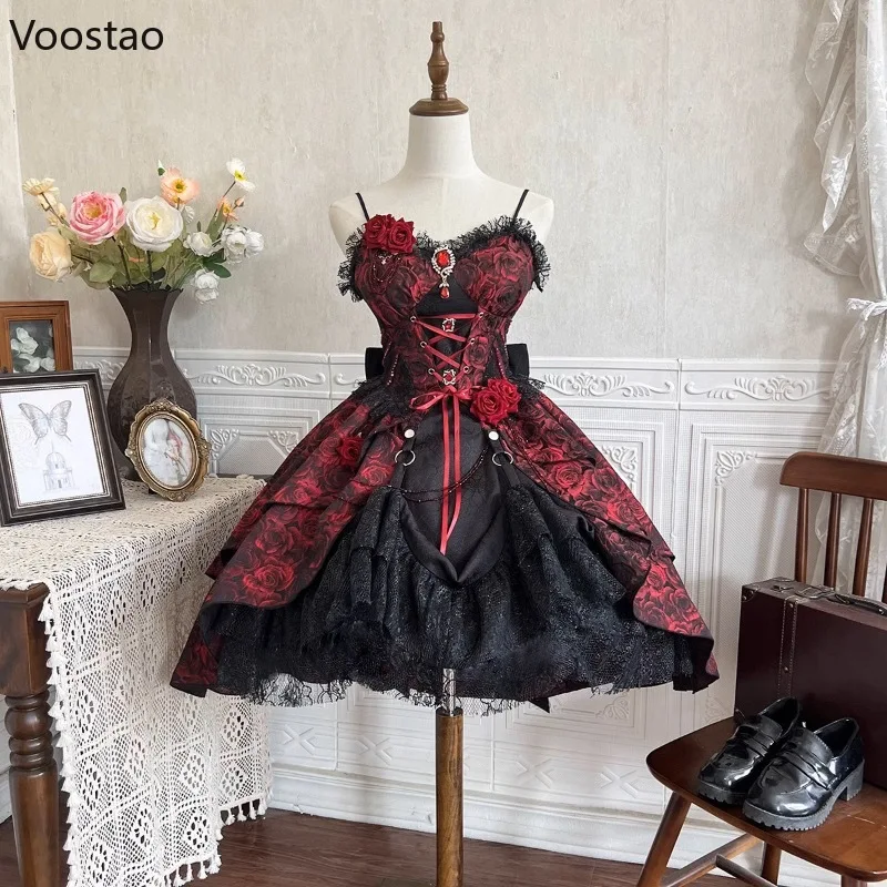 Victorian Elegant Lolita Dress Set Women Gothic Rose Flower Bandage Halloween Party Dress With Black Lace Sleeve Princess