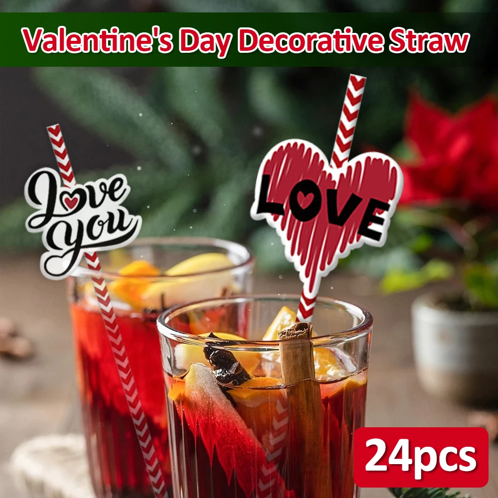 

24Pcs Disposable Straw Valentine's Day Decoration Party Event Milk Tea Cup Drinking Straw Straight Tube Straw Bar Accessories