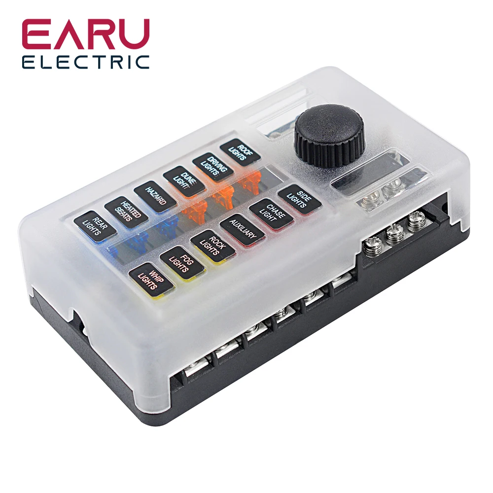 EARU Car boat fuse box bracket Tools small black cap independent positive and negative poles 12 in and 12 out fuse box with LED