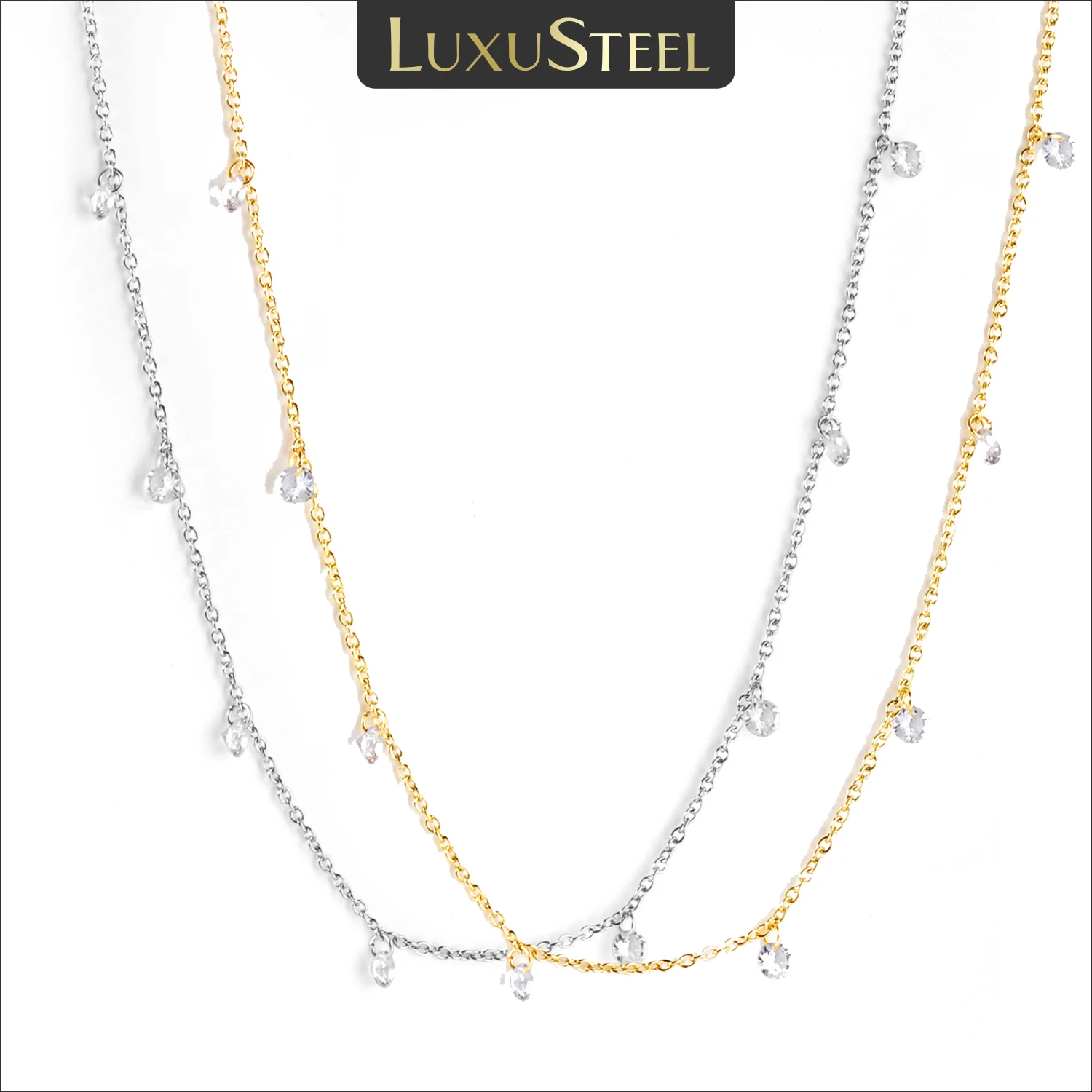 LUXUSTEEL Dainty Luxus Edelstahl Halskette Frauen Goldene Farbe Runde CZ Kristall Charme Kragen Bijoux Acier Inoxidable Femme
