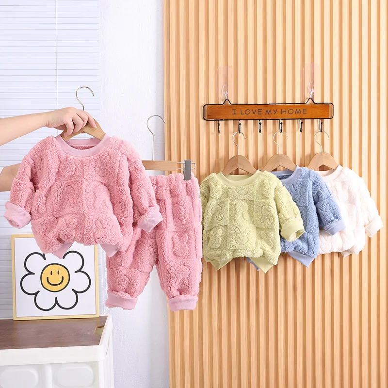 

Boys' Pajamas Flannel Baby Girl Pajamas Children's Autumn and Winter Homewear Suit Thick Fleece Warm Two-Piece Suit Tide