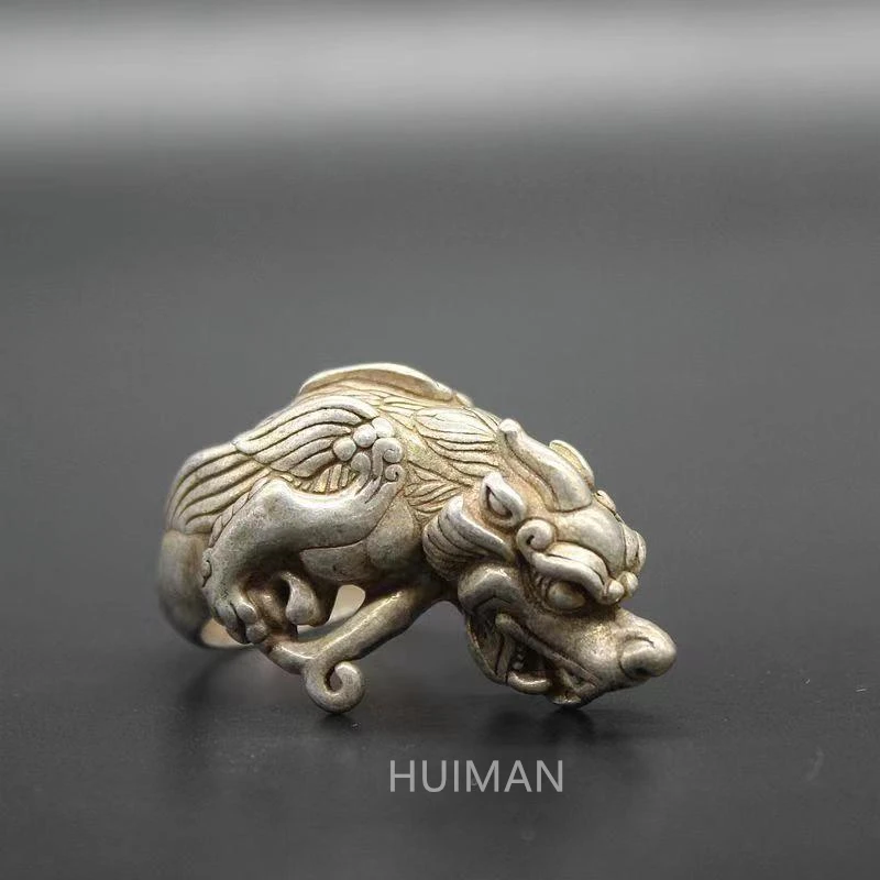 

China Elaborate Miao Silver Handmade Lucky “Mythical Animals Kylin” Ring Metal Handicraft Decoration#3