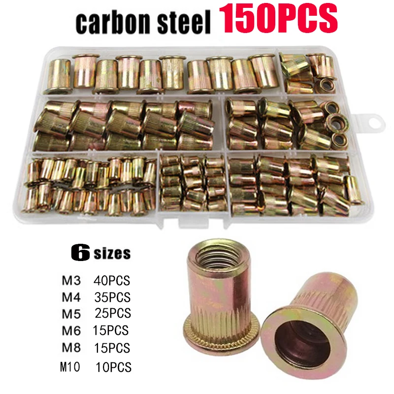 

150PCS Carbon steel Rivet Nuts M4 M5 M6 M8 M10 Flat Head Rivet Nuts Set Nuts Insert Reveting Multi Size Collocation