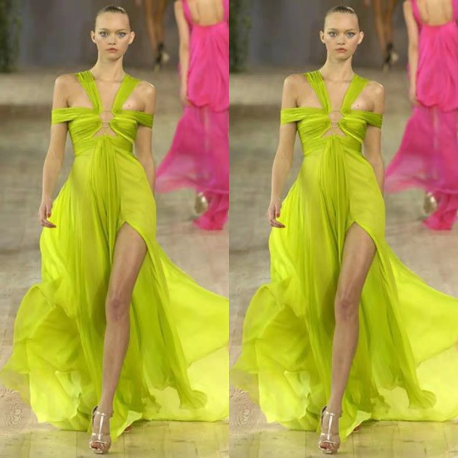 

Sexy Long Lime Chiffon Celebrity Dresses فساتين السهرة A-Line Floor Length Abendkleider Robes de Soirée for Women