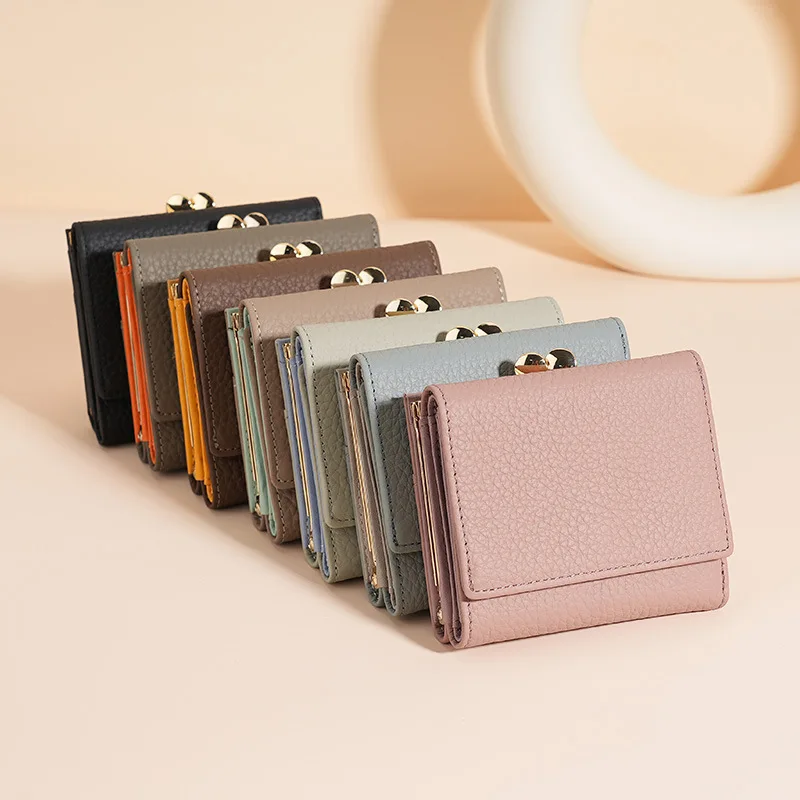 Women Kiss Lock Wallet Short Leather Kiss Clasp Metal Frame Coin Purse Small Card Holder Rfid Blocking Trifold Wallets for Women