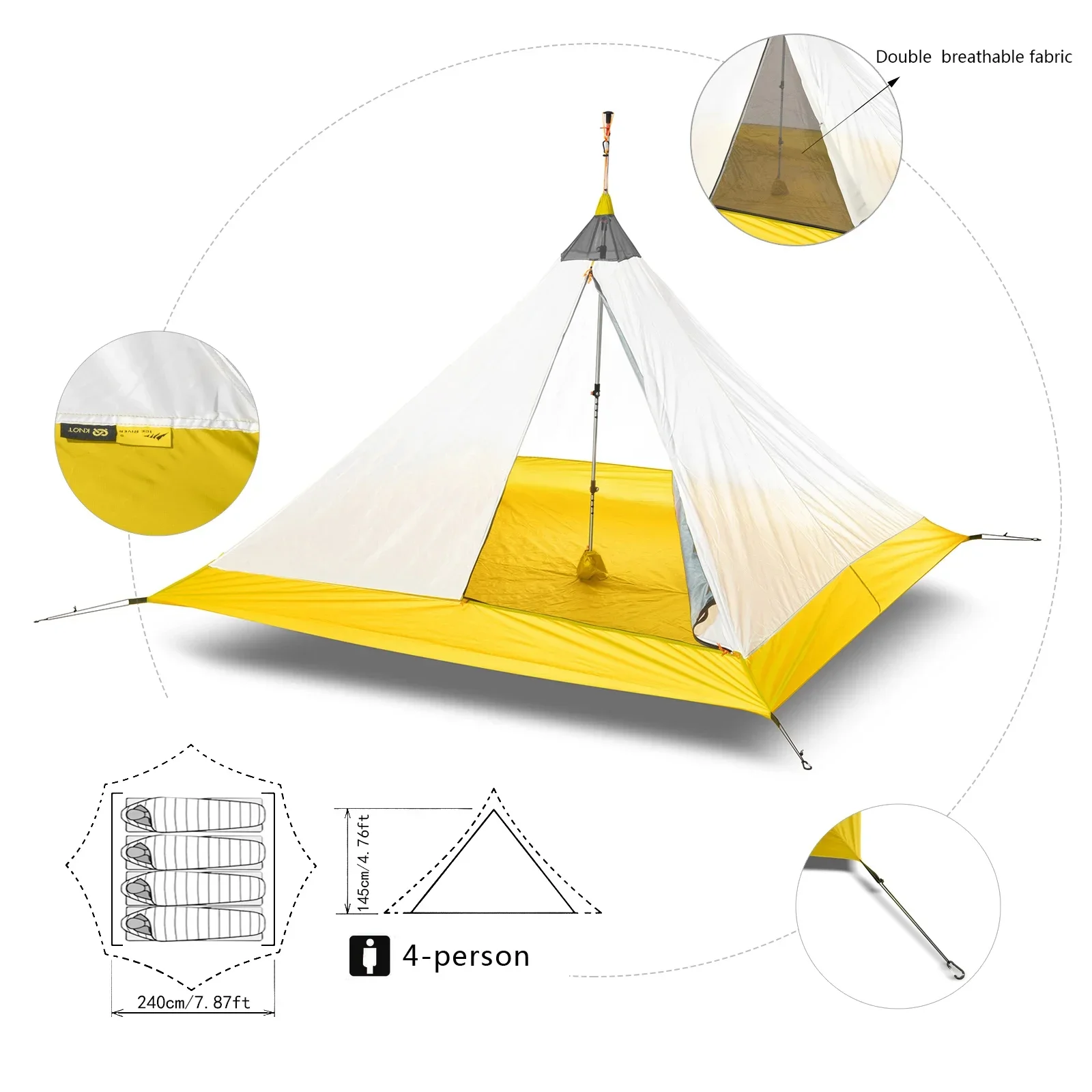 Ultralight Camping Tent 2-4 Person Outdoor 40D Nylon Silicone Coated Rodless Pyramid Large Tent Breathable 3-4 Season Inner Tent 6