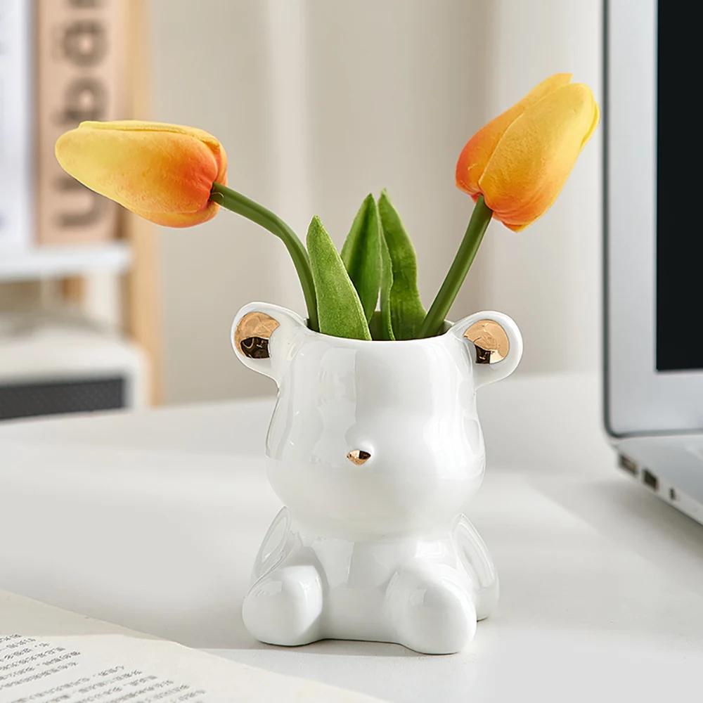 

Nordic Bear Ceramic Vase Room Decor Modern Flower Plant Pots Garden Pots Living Desktop Ornament Flower Arrangement Container