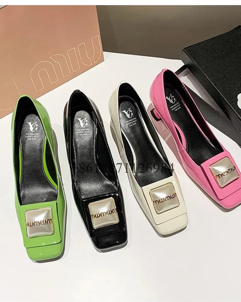 

Genuine Leather Square Buckle Square Toe Women Pumps Shoes With Rhinestone Cat High Heels Slip On Design Causal Shoes