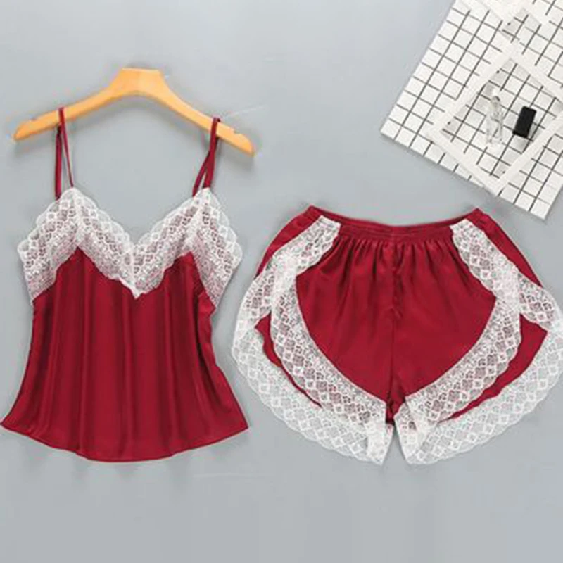 

Women's Sleepwear Sexy Pajama Set White Lace V-Neck Pyjamas Sleeveless Cute Cami Top And Shorts