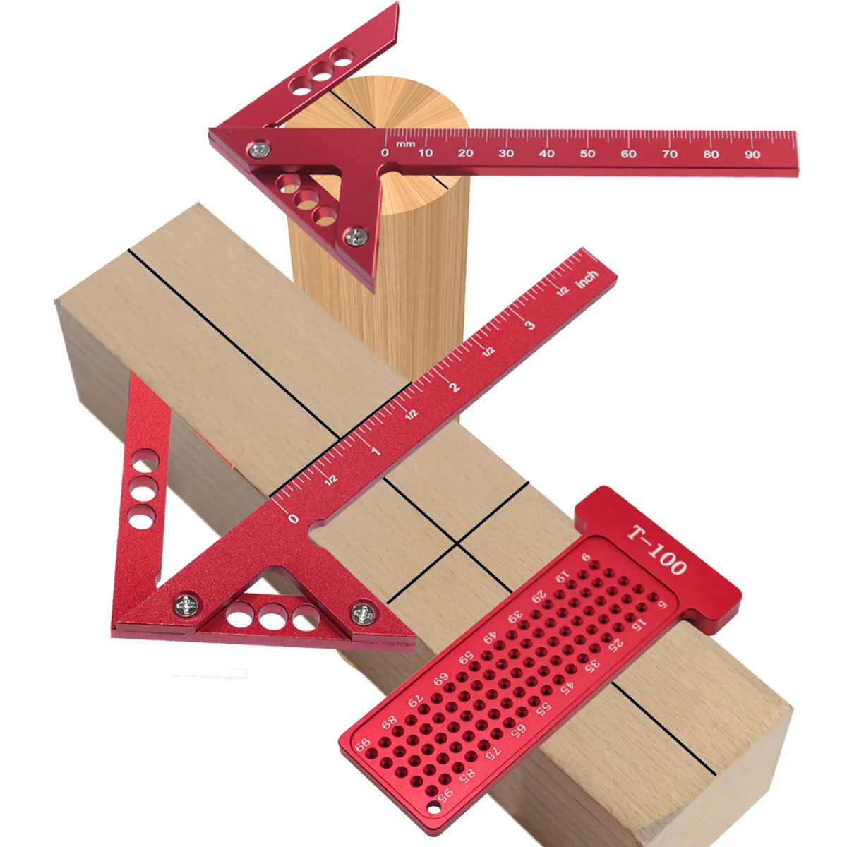 2 stücke Mittels ucher und T-Quadrat-Loch-Schreiber-Lineal-Kit, Tischler-Center-Schreiber-Aluminium-Layout-Messwerk zeug