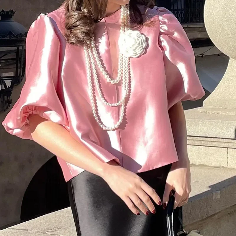 Elegant Satin Puff Short Sleeve Top Women Loose Solid Buckle O-neck Shirts Female 2025 Spring Summer Fashion Office Lady Outwear