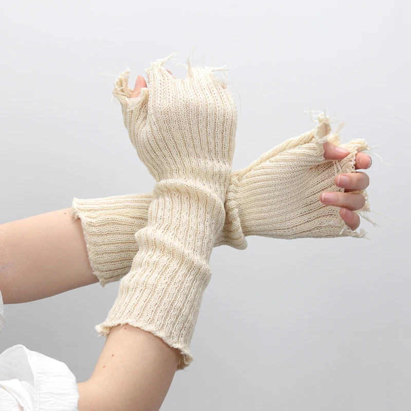 Black Tattered Punk Unisex Fingerless Cuff Knit Gloves 1pair Women Men Elbow Length Mittens Broken Stretch Arm Warmer Gloves fingerless gloves,half finger gloves
