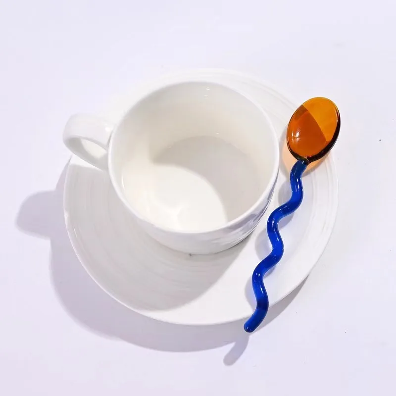 Creative Glass Milk Spoons Colored Transparent Coffee Dessert Stirring Spoon Long Handle Wave Stirrer Spoon Kitchen Tableware