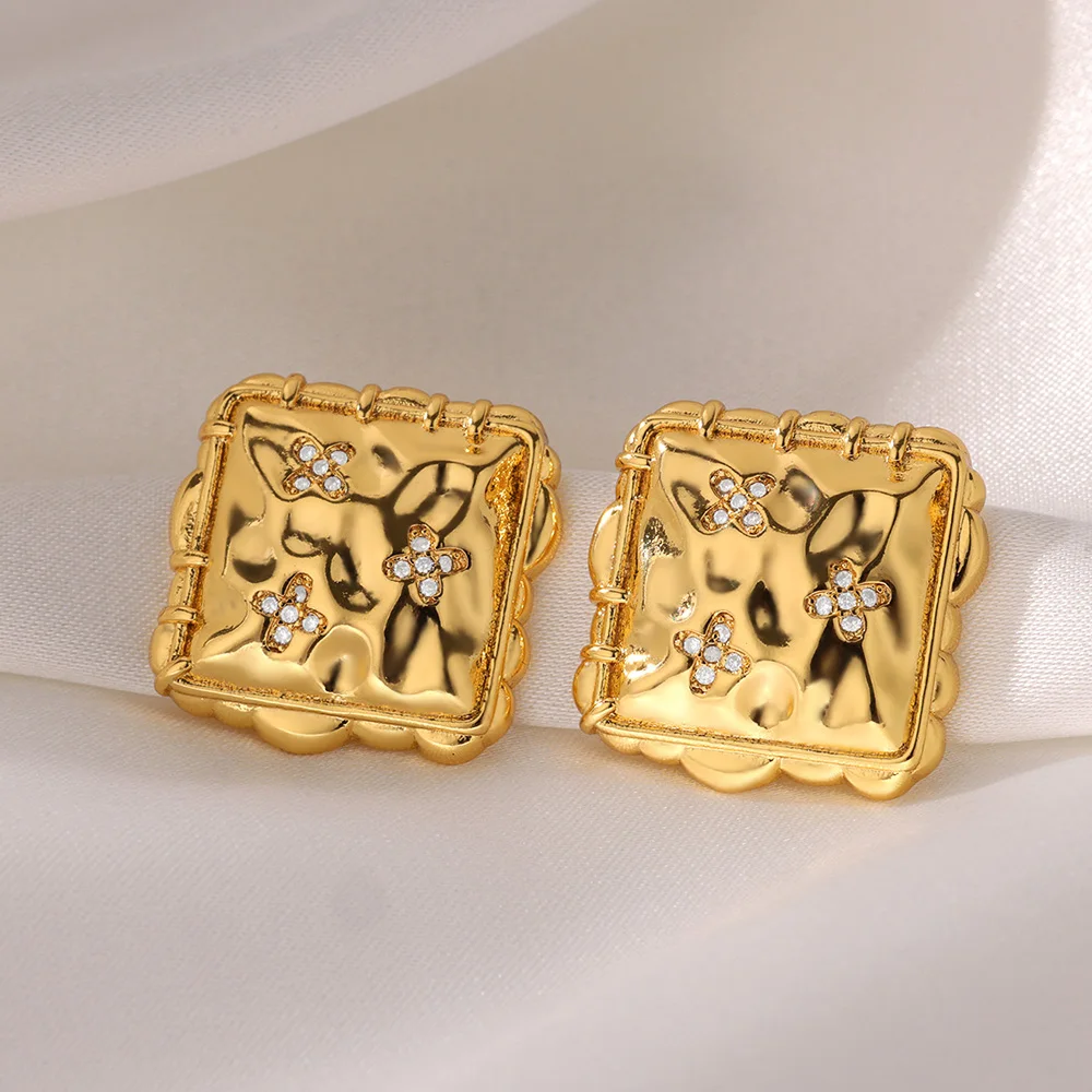 Cross Zirconia Lace Square Stud Earrings For Women Gold Color Stainless Steel